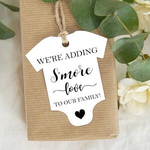 Announcement or Baby Shower Favor Tags, “We're Adding S'More Love to Our Family”